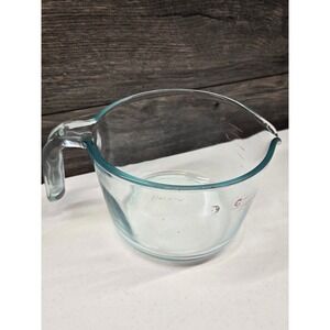 Vintage Pyrex 4 Cup Glass Measuring Cup Clear Red Lettering Faded Open Handle